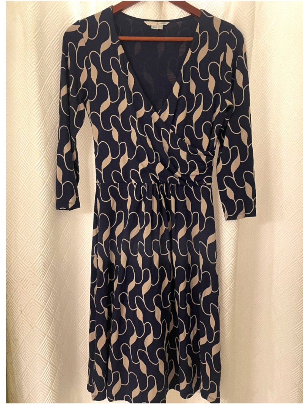 Boden Navy and Cream Wrap-Style Long Sleeve Dress Size 10R